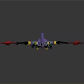 Scifi Character With Purple Body Green Yellow Details And Red Weapons In Dark Background