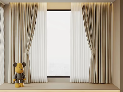 Beige Curtains With White Sheer Layers In Modern Window Interior With Teddy Bear 3d model