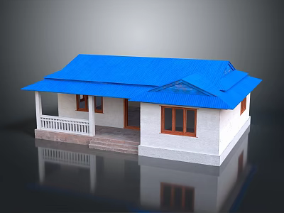 Residential House With Blue Roof White Walls Porch White Railing And Brown Framed Windows 3d model
