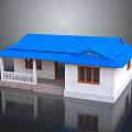 Residential House With Blue Roof White Walls Porch White Railing And Brown Framed Windows