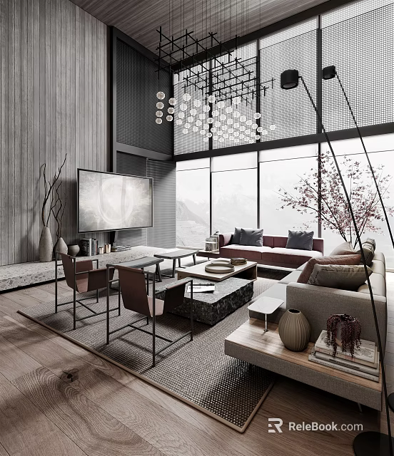 Modern Living And Dining Room Interior Design With Large Windows Chandelier Sofa And Dining Table 3d model 
