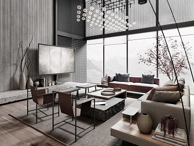 Modern Living And Dining Room Interior Design With Large Windows Chandelier Sofa And Dining Table 3d model