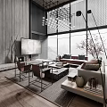 Modern Living And Dining Room Interior Design With Large Windows Chandelier Sofa And Dining Table