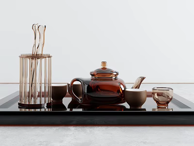 Elegant Brown Glass Tea Set With Teapot Teacups And Spoon Holder On Tray 3d model
