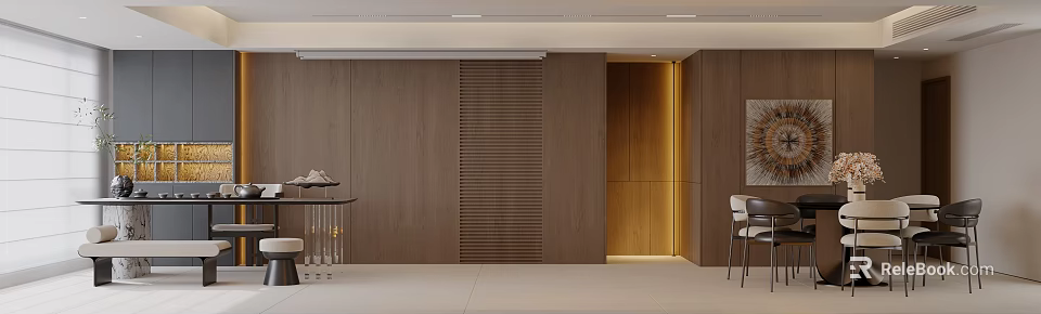 Modern Minimalist Living And Dining Room With Wooden Panel Walls And Recessed Lighting 3d model 