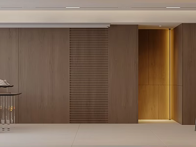 Modern Minimalist Living And Dining Room With Wooden Panel Walls And Recessed Lighting 3d model