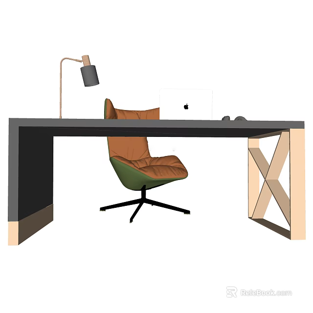 Modern Desk With Dark Top X shaped Wooden Legs Brown Green Chair Lamp And Laptop 3d model 