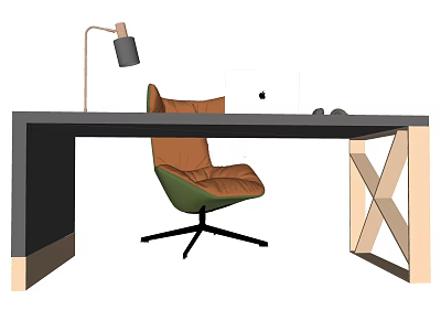 Modern Desk With Dark Top X shaped Wooden Legs Brown Green Chair Lamp And Laptop 3d model