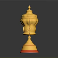 Ornate Shiny Golden Trophy With Decorative Lid Handles And Red Base