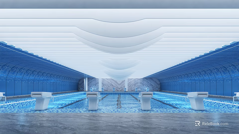 Modern Swimming Pool Interior With Wave Shaped Ceiling Blue Lighting And Seating Benches 3d model 