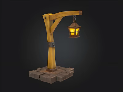 Wooden Street Lamp Design With Curved Arm Hanging Yellow Lantern And Brick Base Foundation 3d model