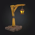 Wooden Street Lamp Design With Curved Arm Hanging Yellow Lantern And Brick Base Foundation