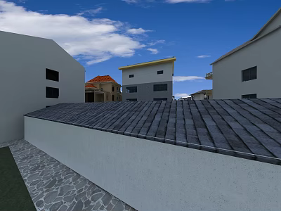 Modern Hinged Door in House Exterior With White Walls Gray Roof and Blue Sky 3d model
