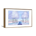 Winter Landscape Painting With Snowy Ground White Trunked Trees And Distant Mountains