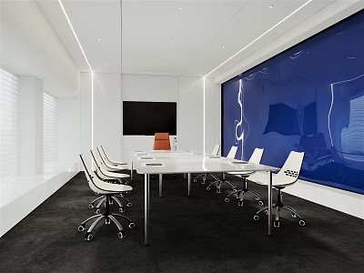 Modern Conference Room Interior With White Table Ergonomic Chairs And TV Screen 3d model