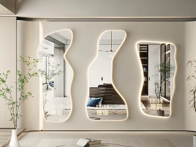 Modern Unique Shaped Wall Mounted Mirrors with LED Lighting Reflecting Interior 3d model