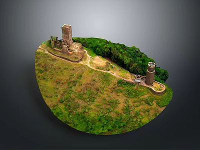 Ancient Tower And Lighthouse Architecture On Green Hill With Trees And Pathway 3d model