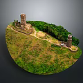 Ancient Tower And Lighthouse Architecture On Green Hill With Trees And Pathway