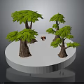 Green Leafy Trees with Brown Trunks on White Circular Platform and Small Red Object 3d model