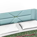 Modern Double Bed With Light Blue Upholstered Headboard Geometric Stitching Colorful Bedspread Gold Metal Legs
