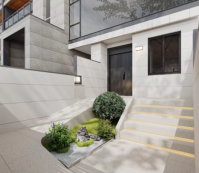 Elegant Modern Villa Entrance With Stone Wall Stairs And Lush Green Plants 3d model
