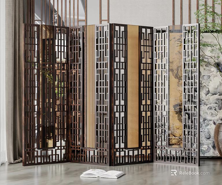 Wooden And Metallic Lattice Room Divider Screens For Modern Home Interior Decor 3d model 