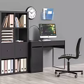 Modern Black Desk Setup With Computer Monitor Lamp Bookshelf And Chair