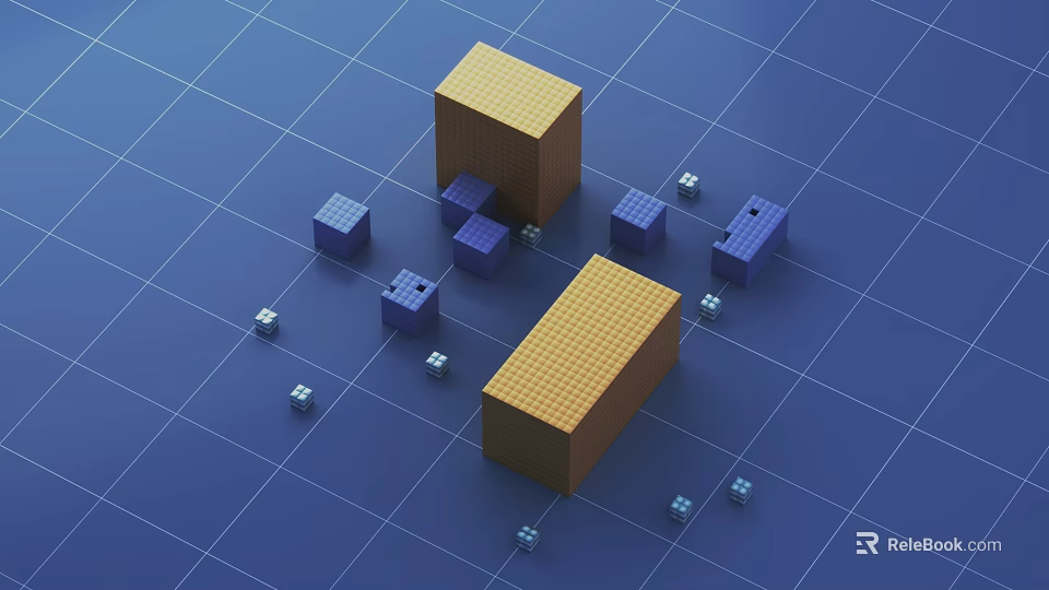 3D Geometric Shapes on Blue Grid Background with Yellow and Purple Cubes 3d model 