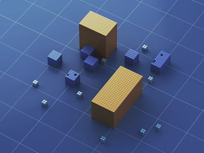 3D Geometric Shapes on Blue Grid Background with Yellow and Purple Cubes 3d model