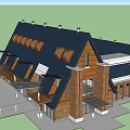 Modern House Exterior With Triangular Black Roof Wooden And Brick Walls Large Windows And Balcony