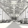 Dilapidated Steel Truss Bridge With Abandoned Vehicles Overhead Signage On Wet Puddled Road