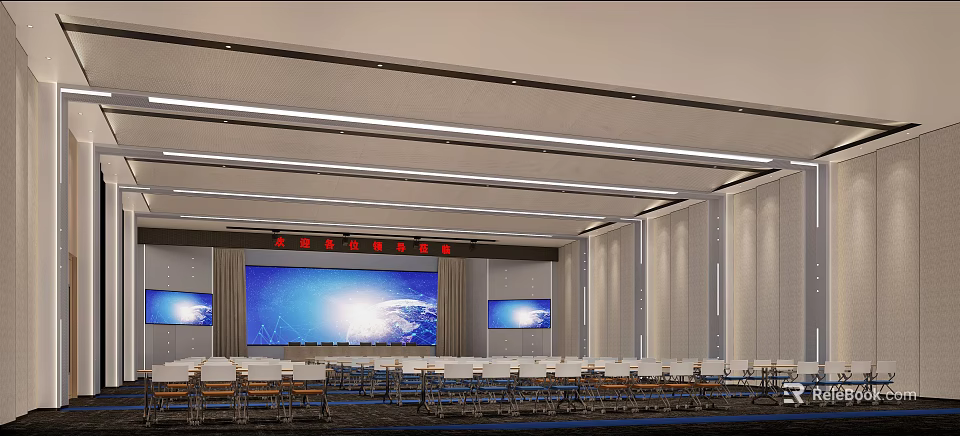 Large Modern Conference Room With Multiple Blue Screens Arranged Seats And Ceiling Lighting 3d model 