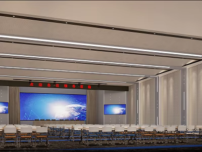 Large Modern Conference Room With Multiple Blue Screens Arranged Seats And Ceiling Lighting 3d model
