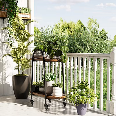 Villa Balcony with Lush Green Plants White Railing Wooden Plant Stand and Natural Background 3d model