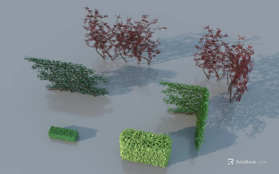 Different Types of Green and Red Bushes with Pruned Shaped Hedges 3d model 