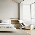 Modern Minimalist Bedroom With White Bed Wooden Accents And Floor To Ceiling Windows