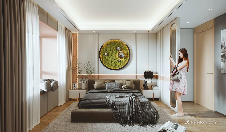 Modern Bedroom Interior With Bed Gray Blanket Round Green Decorative Painting And Wooden Floor 3d model 
