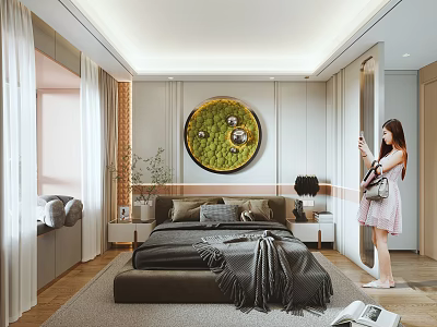 Modern Bedroom Interior With Bed Gray Blanket Round Green Decorative Painting And Wooden Floor 3d model