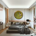 Modern Bedroom Interior With Bed Gray Blanket Round Green Decorative Painting And Wooden Floor