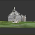 Wooden House with Gray Roof and Wooden Structure on Green Grass Lawn with Steps