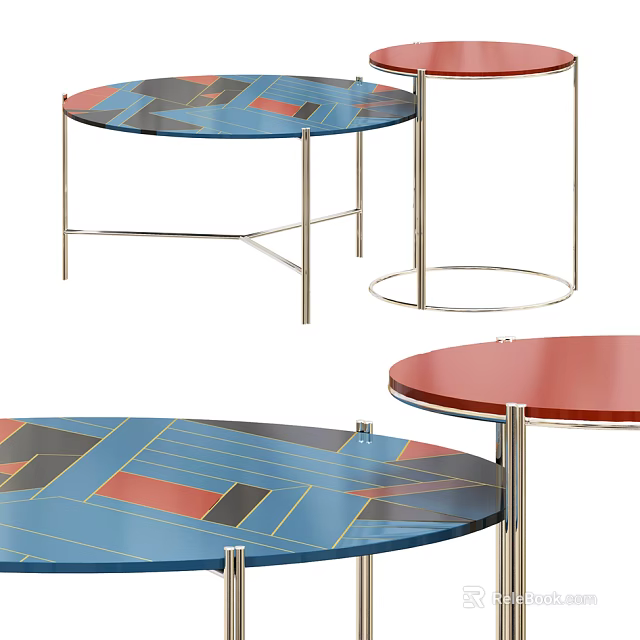 Stylish Coffee Table Set With Blue Red Geometric Pattern Tabletop And Metal Frames 3d model
