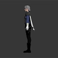 Silver Haired Female Warrior Character With Blue Top White Gloves And Black Armor Outfit