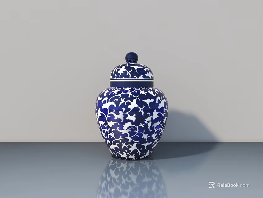 Decorative Ceramic Jar With Blue And White Floral Pattern And Lid On Smooth Surface 3d model 