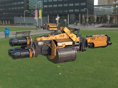 Futuristic Yellow And Black Mechanical Device Hovering Over Green Grass Near Urban Buildings 3d model