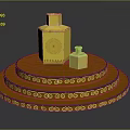 Golden Perfume Bottle Placed On Multiple Layered Circular Tray With Patterned Decoration 3d model