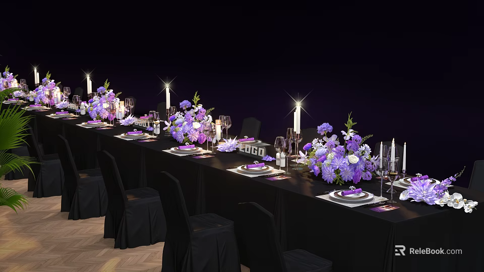 Decorative Ornament Arrangement with Purple White Flowers Candles Wineglasses Tableware for Banquet Formal Table Setting 3d model 