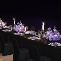 Decorative Ornament Arrangement with Purple White Flowers Candles Wineglasses Tableware for Banquet Formal Table Setting