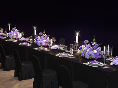 Decorative Ornament Arrangement with Purple White Flowers Candles Wineglasses Tableware for Banquet Formal Table Setting 3d model