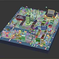 Cartoon Miniature Scene With Traditional Style Tower Houses Trees Roads And Vehicles