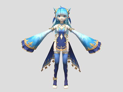 Blue Haired Fantasy Elf Character In Elegant Blue And Gold Outfit With Ornate Headpiece 3d model